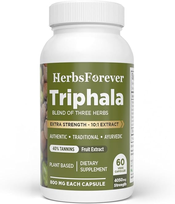 Herbsforever Triphala Capsules Extract Ratio (8:1) 40% Amla, Haritaki & Bibhitaki for Daily Detoxifying, Cleansing, Rejuvenating 60 Vege Capsules