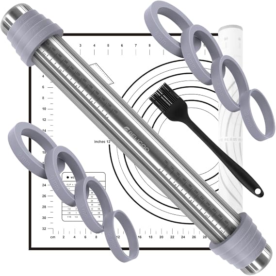 Rolling Pin and Silicone Pastry Mat Set, Adjustable Stainless Steel Dough Roller Pin with Silicone Brush for Pizza, Pie, Cookie, Pasta and Bread (Grey, 16.1 '')