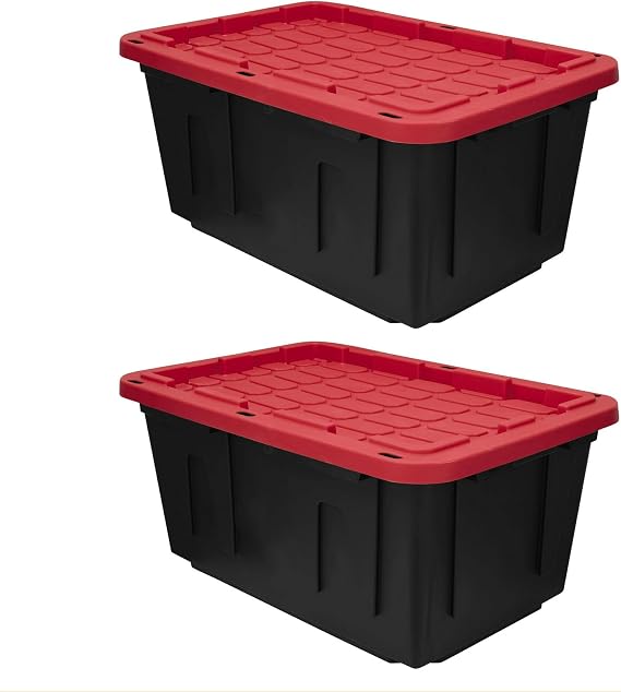 27 Gal Industrial Tote,Pack of 2 red Plastic storage bins with lids for Garage, Basement, or Outdoor,Heavy Duty storage Totes,Black with Red Lid,Stackable & Nestable,Black/Red