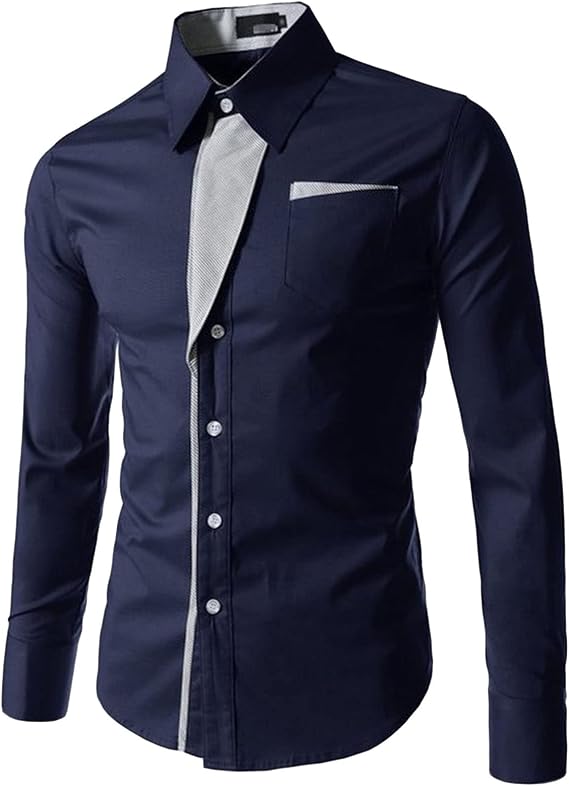 Men Fashion Contrast Striped Decorative Shirt Plaid Collar Button Shirt Casual Cotton Long Sleeve Dress Shirt (Dark Blue,Large)