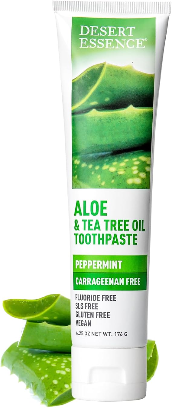Desert Essence Aloe & Tea Tree Oil Toothpaste, Flouride Free, SLS Free, Carrageenan Free, Vegan, Gluten Free, Peppermint, 6.25 oz.