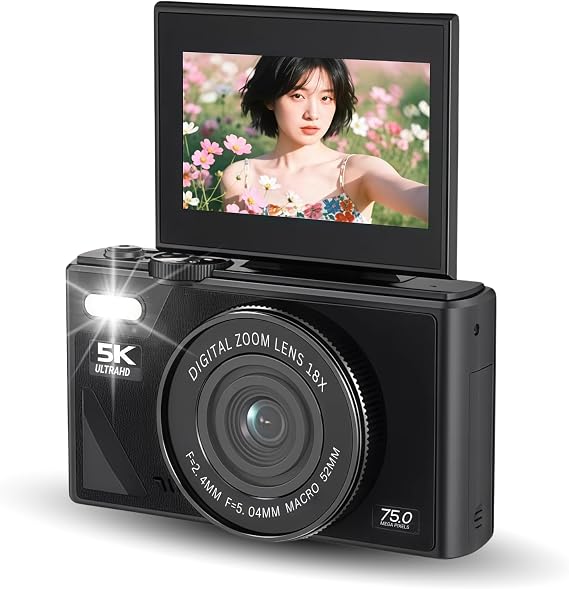 5K 75MP Digital Camera, 18x Optical Zoom Stabilization, 3" Flip Screen, Retro Digital Camera, Compact Camera, Travel Photography Vlogging Family Black