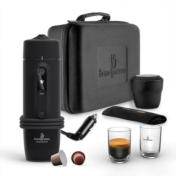 Handpresso Auto Capsule Set | Espresso Machine 12 V/24 V (Car or Truck) for Espresso Capsules Compatible in Complete Box | 12 V/24 V Coffee Maker, Suitcase, 2 Cups, 1 Bin, 1 Towel