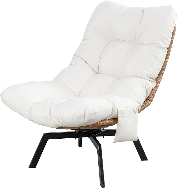 Shintenchi Outdoor Rattan Swivel Chair,Nature Wicker Patio Rotating Chair with Beige Thickened Cushion and Side Pocket,360 Rotation Patio Lounge Chairs for Living Room Bedroom Backyard Balcony