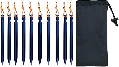 10-Pack Aluminum Tent Stakes Pegs, Heavy Duty Camping Stakes with Reflective Pull Ropes & Storage Bag Camping Accessories for Canopy Tents Hammocks Blue