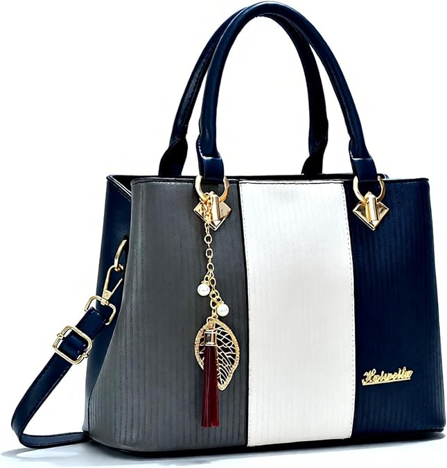 Large Capacity Leather Handbag for Women Color-block Striped Crossbody Bag for Women with Tassel Charm