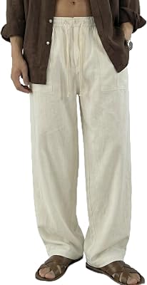 COOFANDY Mens Casual Linen Cotton Pants Elastic Waist Summer Beach Trousers Lightweight Yoga Vacation Pants