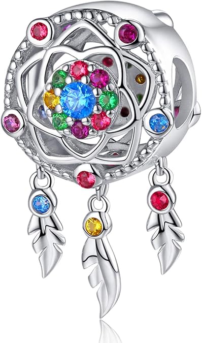 FOREVER QUEEN Dream Catcher Charm fit Charms Bracelet 925 Sterling Silver Feathers Tassel Bead Charm with Colorful Stones Pendant for European Necklace Jewelry