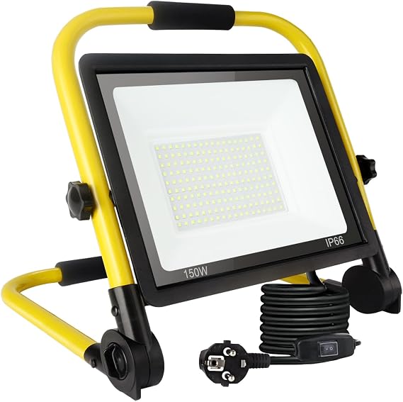 150 W LED construction spotlight 15400 lm super bright work light portable construction spotlight 6000 K daylight white IP66 waterproof EU plug construction lights with 3.5 m cable and switch for workshop garage garden [Energy Class D]