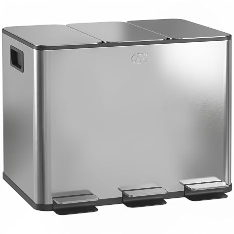 HOMCOM Triple Kitchen Bin 3 x 20L Pedal Bin Stainless Steel Silver Tone