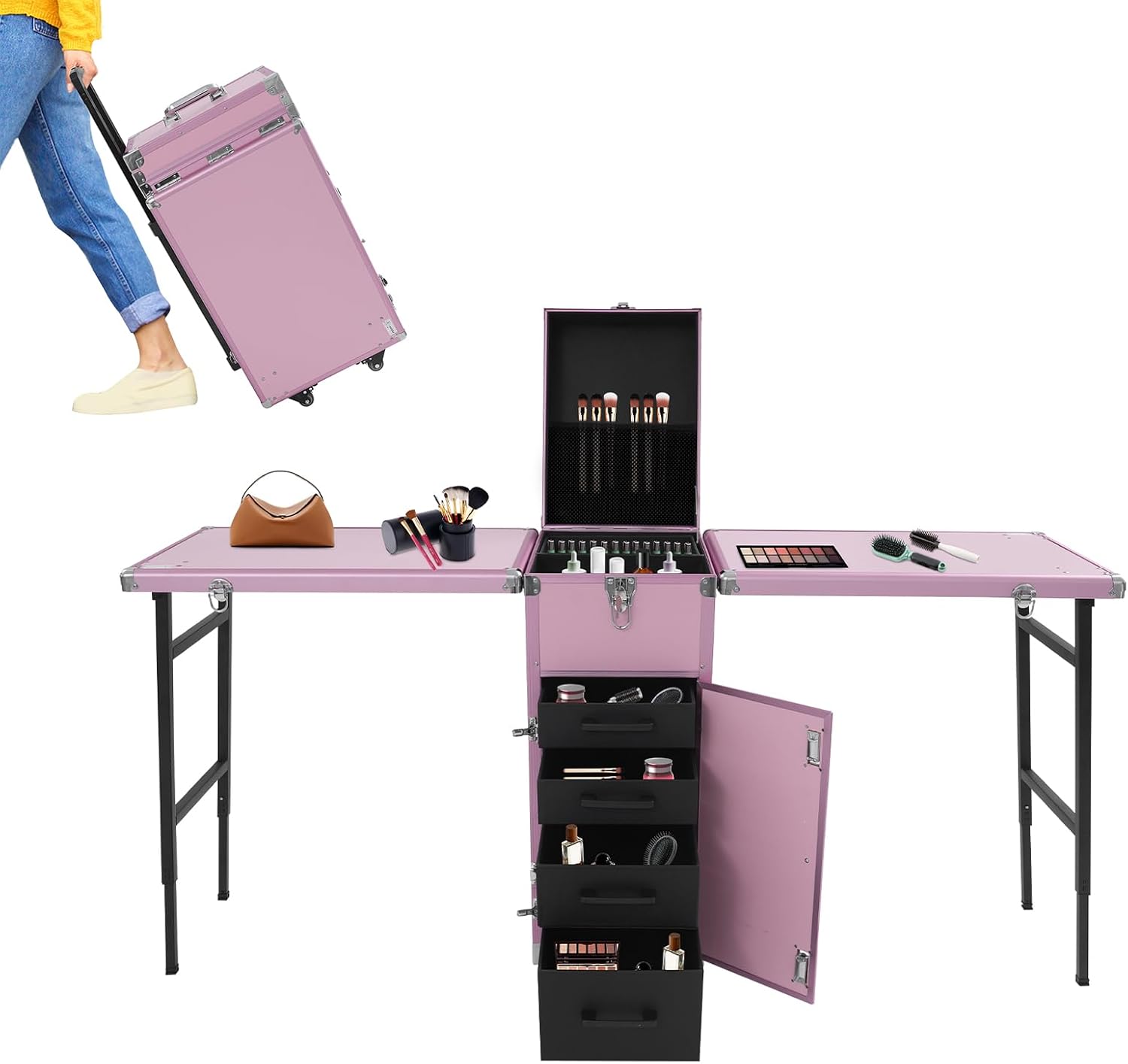 Portable Double-Sided Nail Table & Makeup Case - Professional Mobile Beauty Station with Adjustable Handle, 4 Locking Wheels, 100kg Load Capacity, Foldable Desktop for 4 People (Pink)