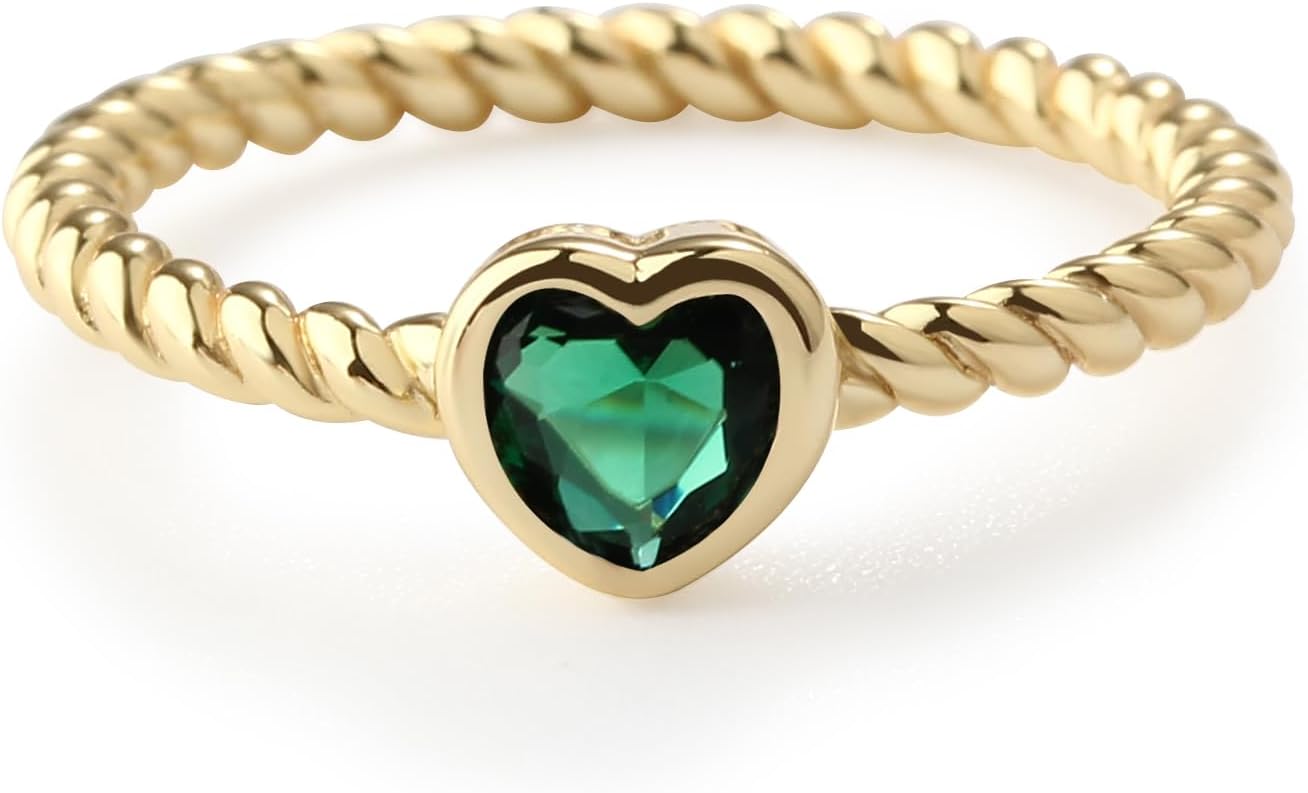 Precious Pieces 14 Gold-Plated Twisted Rope Band Baby Ring with Heart CZ Stones for Babies, Infants, Toddlers, Little Girls, Stackable or Pinky Jewelry for Teens and Women