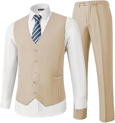HUUTOE Mens Vest and Pants Suit 2 Piece Slim Fit Suits for Wedding Grooms Dress WaistcoatPants Casual Prom Tuxedo Set