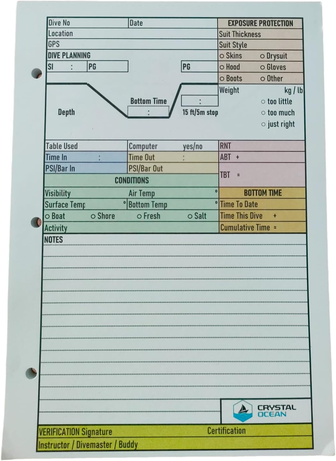 Crystal Ocean Dive Log Sheets 100 logs  50 Sheets