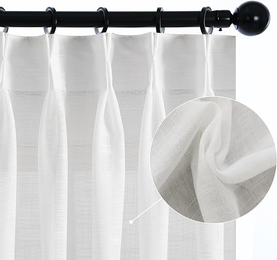 LETAU White Faux Linen Sheer Curtains 96 inches Long, Pinch Pleat Light Filtering Window Curtains Panels Drapery, 26" W x 96" L,2 Panels