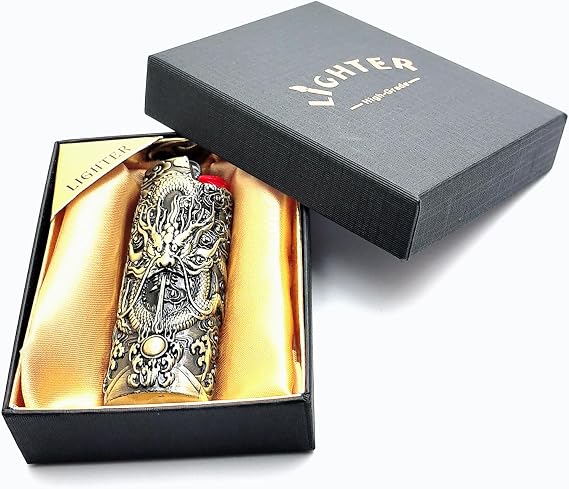 Gift for Men Him Her Husband Dad Metal Vintage Dragon and Bead Double Sided Engraving Pattern Design Lighter Pouch Case Cover Holder Sleeve for BIC Full Size Classic Lighter J6