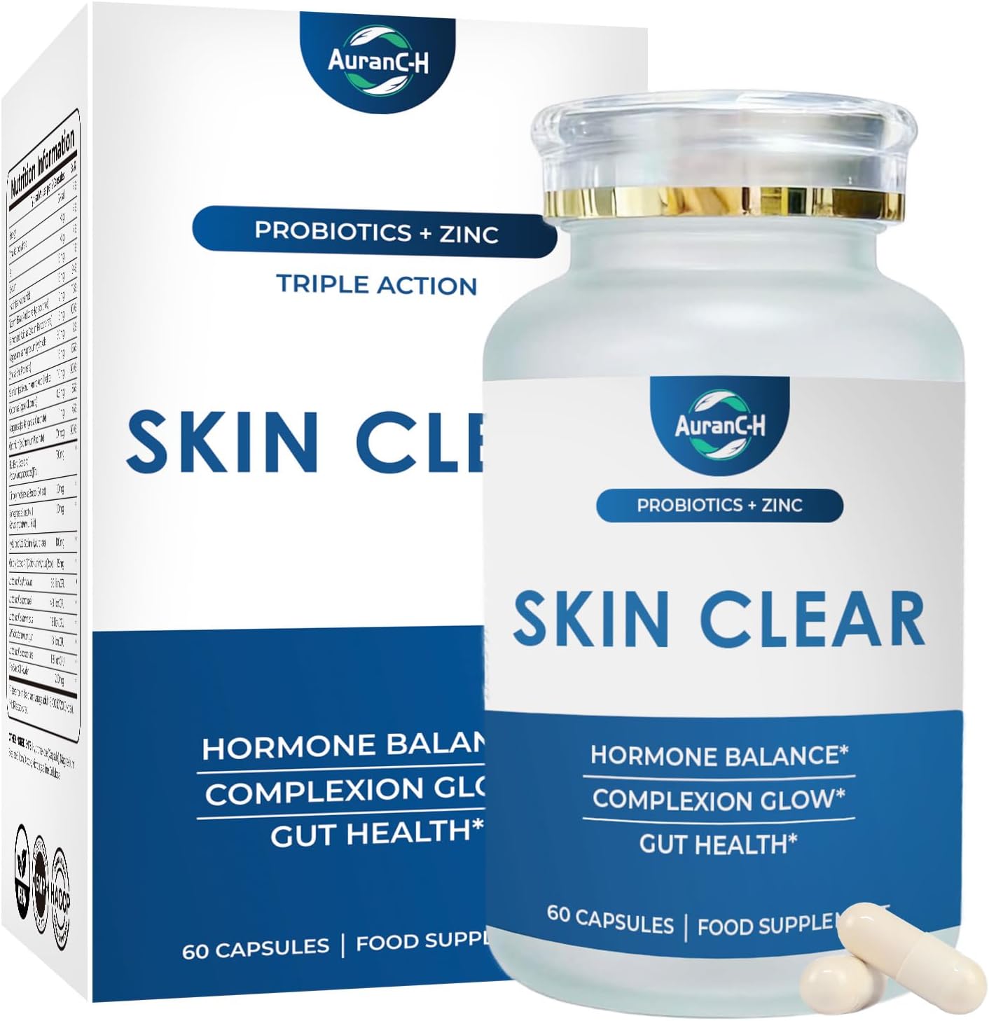 Hormonal Acne Supplement, Clear Skin Supplement with Zinc, Natural D Supplement - Skin Care Vitamins - Hormone Balance, Antioxidants - Gluten Free, Cruelty Free, 60 Capsules