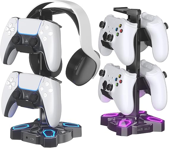 KDD Gaming Headphones Stand, Rotatable Headset Stand with 9 Light Model -Controller Holder with 2 USB Charging Ports and 3.5mm, Earphone Hanger Accessories for Sony, Bose,HyperX Cloud II, Xbox One