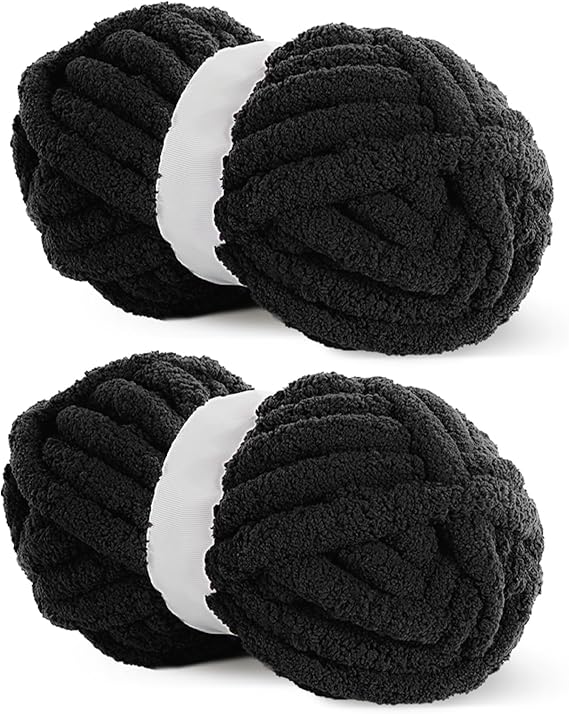 Hombys Black Chunky Chenille Yarn for Crocheting & Knitting, Super Bulky Thick Fluffy Yarn for Hand Knitting Blanket, Soft Plush Yarn, 2 Jumbo Packs (27 yds, 8 oz Each Skein)