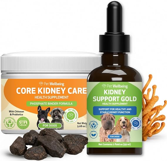 Pet Wellbeing Kidney Support Gold & Core Kidney Care for Dogs - NASC Certified & Vet-Formulated Herbal Kidney Support & Daily Phosphate Binder Bundle, Herbal Liquid and Holistic Powder 2 oz & 144 g