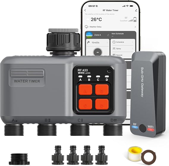 johgee Smart WiFi Water Timer 4 zone for Irrigation with 300M RF Gateway