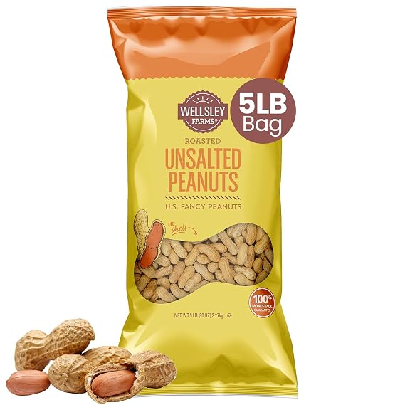 Wellsley Farms Unsalted Roasted In-Shell Peanuts, USA Grown Whole with Shell, Non-GMO, Low Sodium, Cholesterol-Free, Shell-Cracking Snack for Game Day, BBQ & Travel, 5 lb Bag