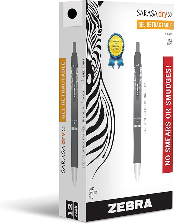 Zebra Pen SARASA X1 Retractable Gel Pen, Black Ink, 0.7mm, 12-Pack