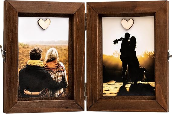 Double Picture Frame Fold Hinged Rustic 4 x 6 Wood Photo Frame Vintage Metal Buckle with Magnet Wooden Memorial Box Gift Photo & Message Card Brown Farmhouse Family Unique Home Office Desk Decor