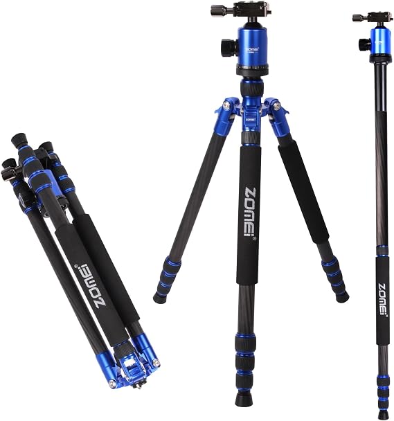 Zomei Z888C Professional Portable Carbon Fiber Tripod Stand with Ball Head Compact Travel for Canon, Sony, Nikon, Panasonic, Olympus, Fuji, Cameras and Video Camcorder Blue