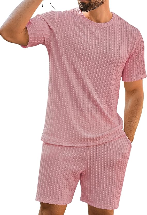 Babioboa Men's Short Sets 2 Piece Outfits Crewneck Summer T Shirt and Matching Knitted Shorts Tracksuit Sets with Pockets