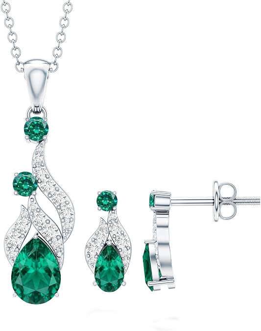 Certified Lab Grown Emerald Diamond Necklace Earrings Set, Aaaa Quality