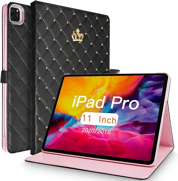 Crown Case for iPad 11-inch M2/10.9 Inch Air 5th 4th/Pro 11'', Cute Bling Diamond PU Leather Smart Auto Sleep/Wake for Air 2024/5 2022/4/Pro 11 inch (Black)
