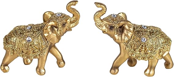 2Pcs Gold Elephant Figurines 3.9Inch Feng Shui Tabletop Decor Gift