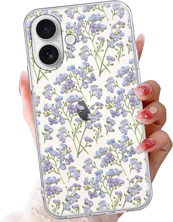 Cute Flower Phone Case for iPhone 16 6.1",Girly Floral Aesthetic Cases Kawaii Purple Flowers Clear Cover for Women Girls,Transparent Soft Shockproof Protective for iPhone 16