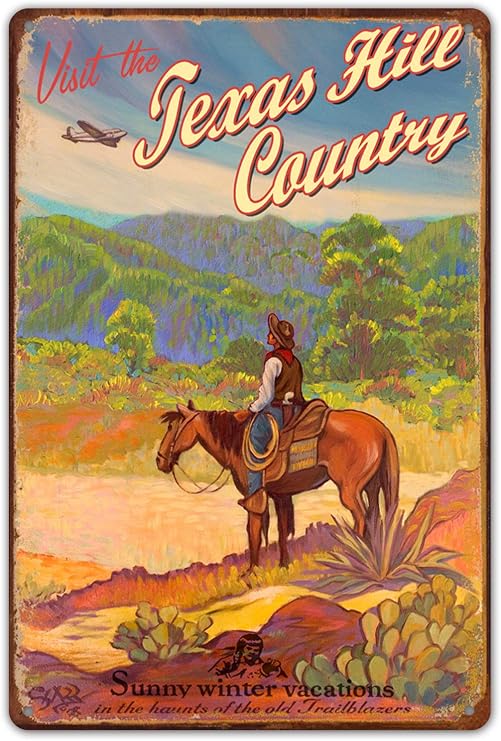 HomDeo Wall Decor Metal Signs Personalized Texas Hill Country Sign, Rick Sharp Art, Vintage Old Southwest Wildeness, Retro Cowboy 8x12 Tin Sign