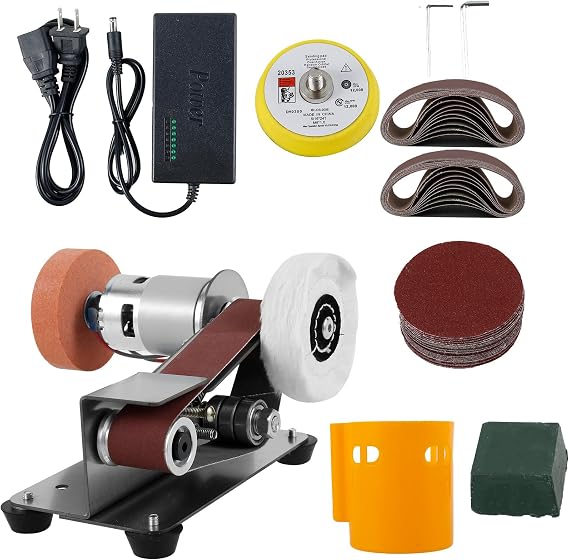 Mini Belt Sander, 15 Electric Knife Sharpener Bench Grinder Sanding Machine, 7 Adjustable Speed Electric Belt Grinder, Low Noise Cutter Sharpener Sander, Polishing Grinding Machine for Metal Jewelry