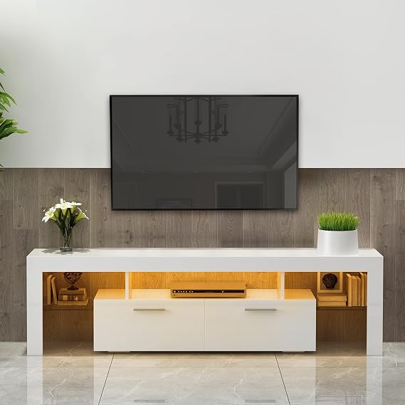 Holaki LED TV Stand,Modern High Gloss TV Console with 20 Color LEDs/Remote Control,Media Console Entertainment Center for Up to 70 inch TV,TV Cabinet with 2 Storage Drawers & Open Shelves(Brown+White)