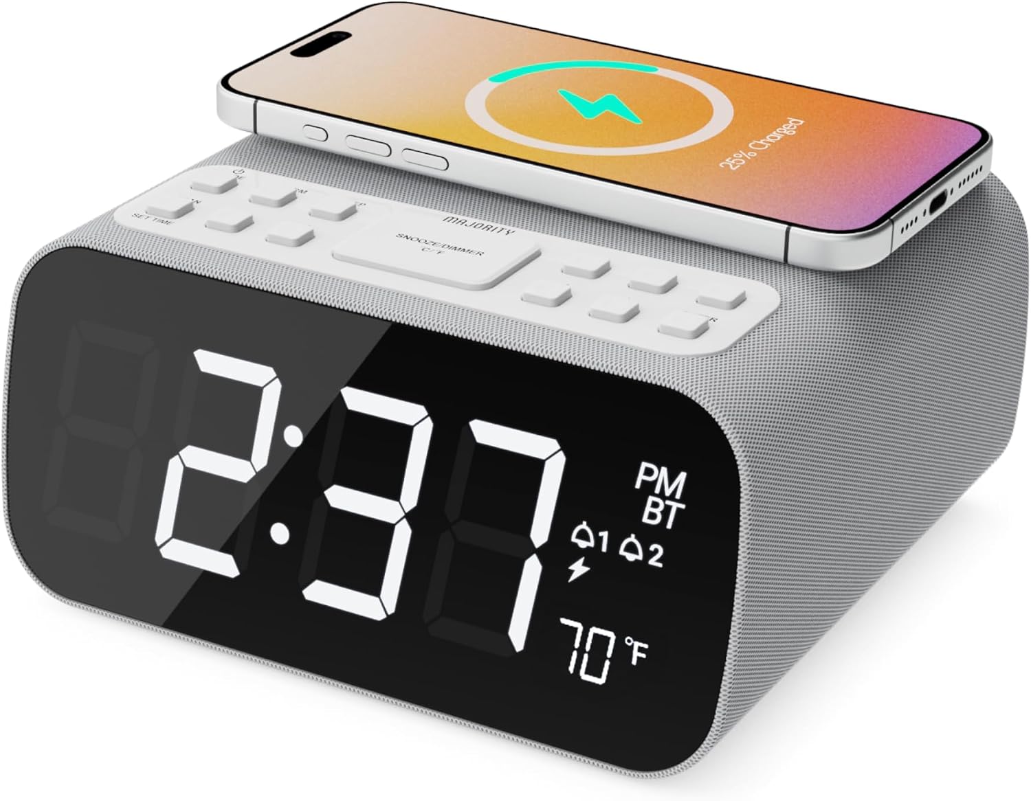MAJORITY Bluetooth Bedside FM Radio Alarm Clock | Wireless Charging for Phones| 12W Stereo Sound with Dual Alarm, Built-in Thermometer, and 30 Presets | Large Dimmable Display Darwin digital clock