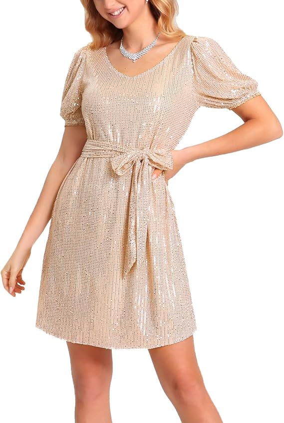Women's Sequin Dress Short Sleeve V Neck Sparkle Shirt Dress Glitter Loose Night Out Party Mini Dresses with Belt