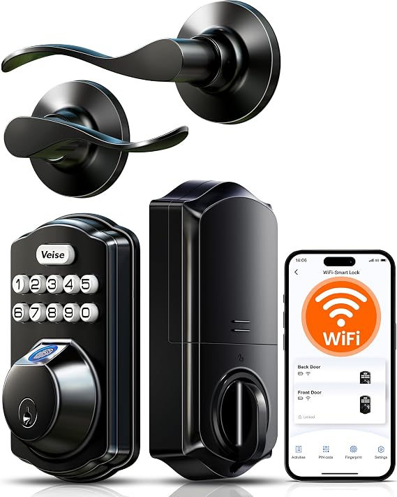 Veise VE012W-B Smart Wi-Fi Deadbolt Lock with Handle Set, Matte Black