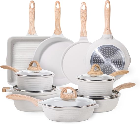 JEETEE Pots and Pans Sets Non Stick 23pcs Beige