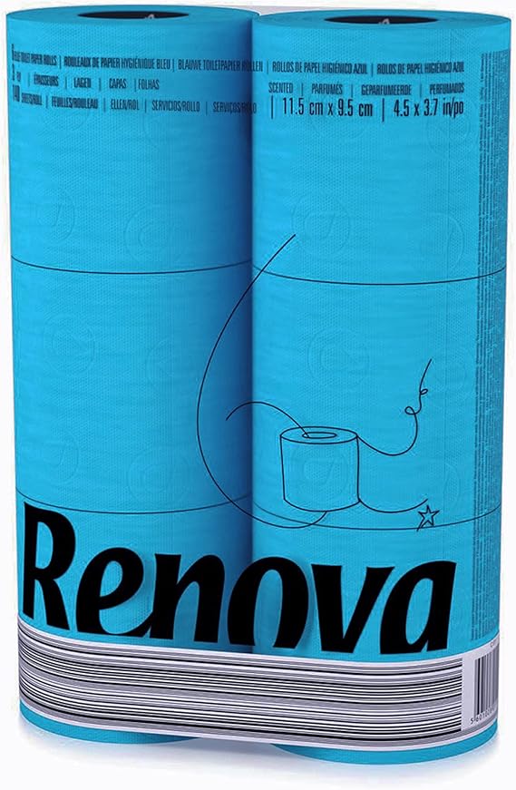 Renova Blue Toilet Paper 3-Ply - Pack of 6 Compact Rolls - 140 Sheets - Eco-Label Certified, Dermatologically Tested, Septic Safe, Sustainable & Soft