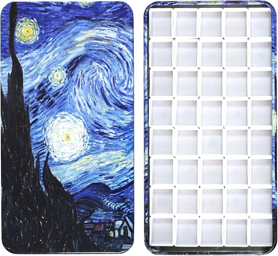 Empty Watercolor Tins Palette with 40 Half Pans Carrying Magnetic Squares | FCLUB Paint Palette, 2ml Empty Half Pans, Starry Night by Vincent Van Gosh, Watercolor Tins, Magnetic Strips, Lightweight
