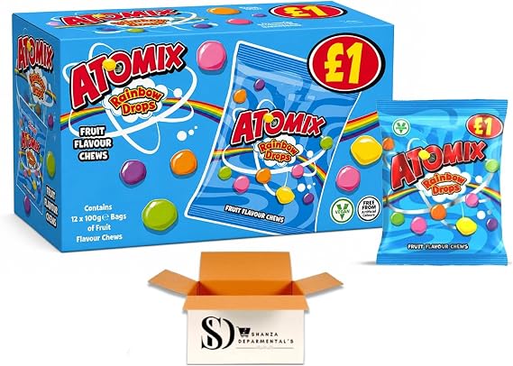 Atomix Rainbow Drops Fruit Flavour Chews 12 x 100g – Bulk Vegan Chewy Sweets with Crispy Candy Shell & Soft Chewy Centre – Mixed Assorted Fruit Candy Sharing Bags