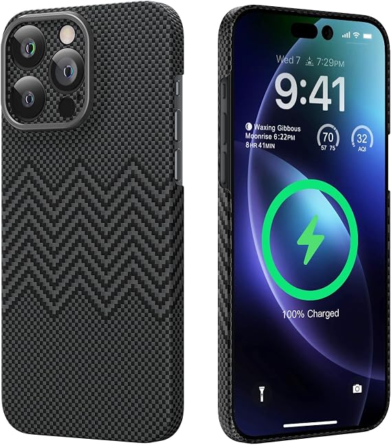memumi Magnetic Case for iPhone 16 Pro Max Carbon Fiber Wavy Texture, Compatible with Mag-Safe Sturdy Durable Cover for iPhone 16 Pro Max Aramid Fiber Case Dream Series Wavy Black
