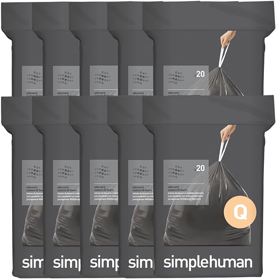 simplehuman Code Q 200 Count Odorsorb Custom Fit Liners, Drawstring Odor Absorbing Trash Bags, One-by-One Mess-Free Dispense, Extra Thick & Double Seamed, 50% PCR Plastic, 50-65 Liter / 13-17 Gallon