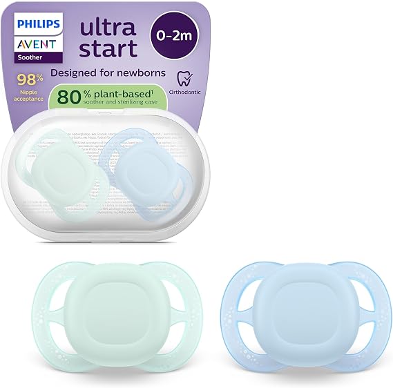 Philips Avent Ultra Start Pacifiers, Anatomical Newborn Pacifiers, Soft Silicone Symmetrical Nipple, BPA-Free, Sterilizer Case, 2 Pack, SCF075/12