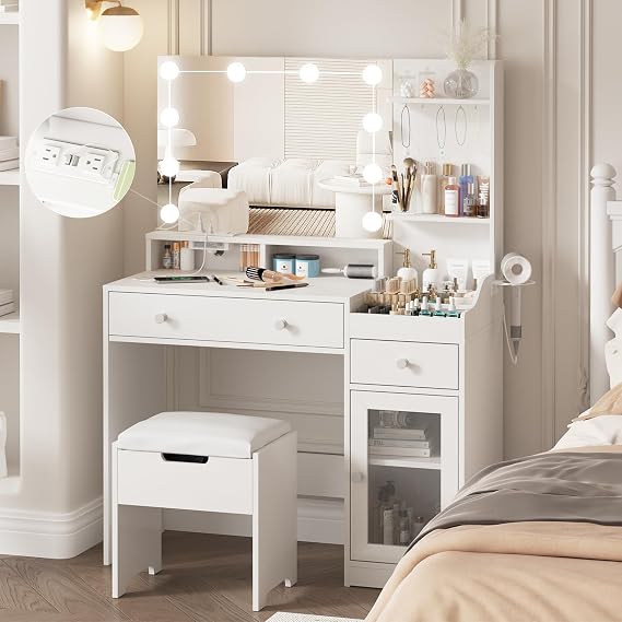 Vabches Vanity Desk with Lighted Mirror and Storage Stool, White