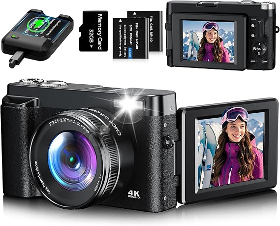 4K Digital Camera 48MP Compact Camera with 32GB Card (Black)