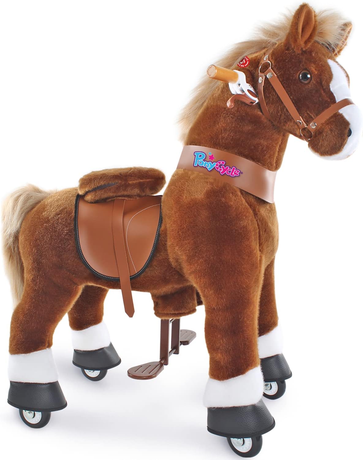 PonyCycle Official Ride-On Horse No Battery No Electricity Mechanical Pony Brown with White Hoof Giddy up Pony Plush Walking Animal Size 4 for Age 4-8 Years - Ux424